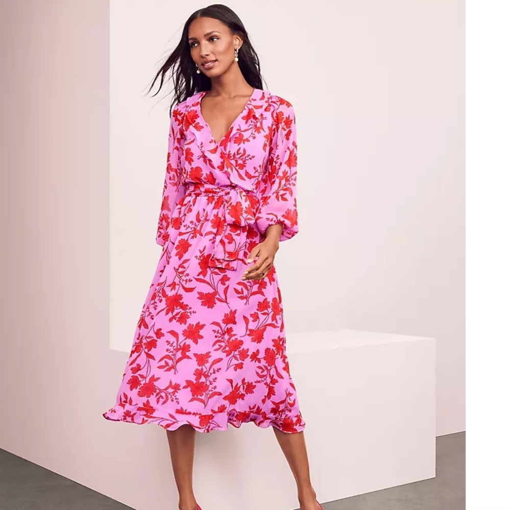 NWT Ann Taylor Pink And Red Floral Midi Dress Size 12